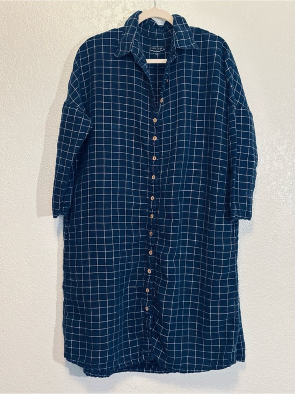 Simply Grey Linen Checked Button-Front Shirt Dress MIDI Oversized w Pockets